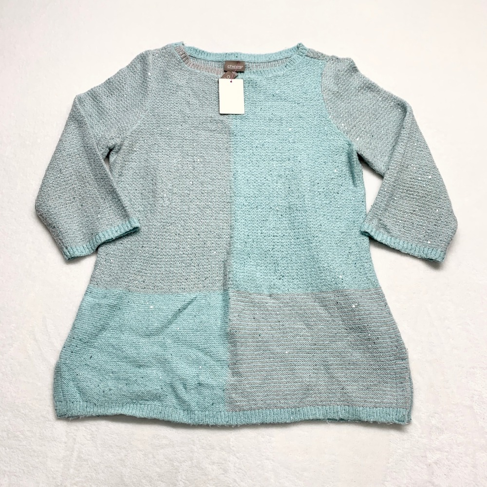 Chico's Colorblock Sequin Knit Sweater‎ Womens Size 0 S Blue Silver Metallic 3/4